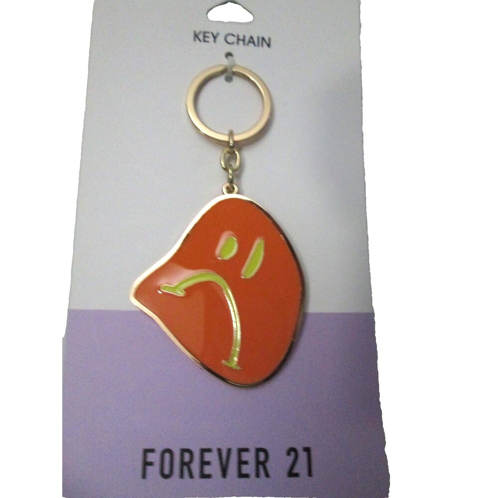 FOREVER 21 ORANGE SAD SMILEY METAL ENAMEL KEYCHAIN